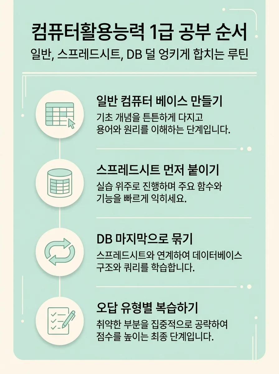컴활 1급 공부 순서를 단계별로 정리한 인포그래픽