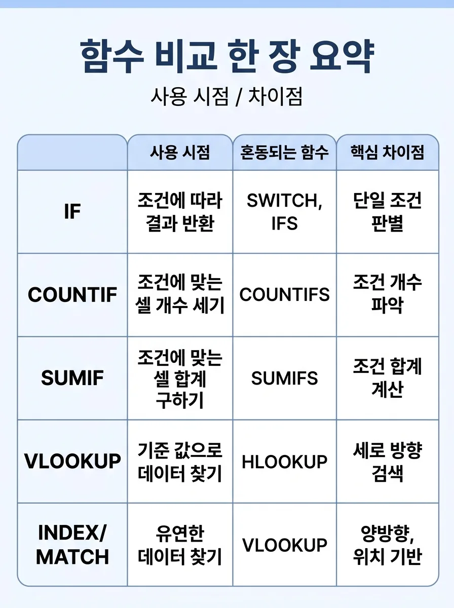 컴활 1급 함수별로 언제 쓰는지와 무엇이 다른지 비교한 표
