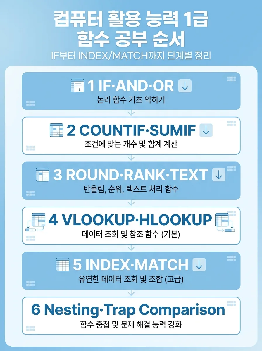 IF부터 INDEX MATCH까지 컴활 1급 함수 공부 순서를 단계별로 보여 주는 인포그래픽