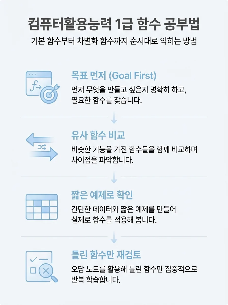 컴활 2급 공부 순서를 기본기와 반복 구조 중심으로 정리한 인포그래픽
