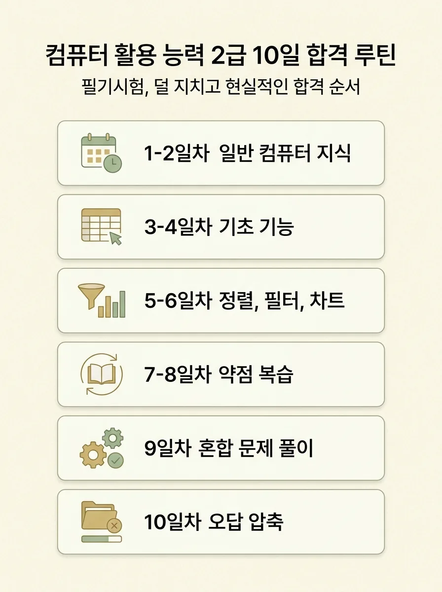 컴활 2급 필기 10일 합격 루틴을 날짜 구간별로 정리한 인포그래픽