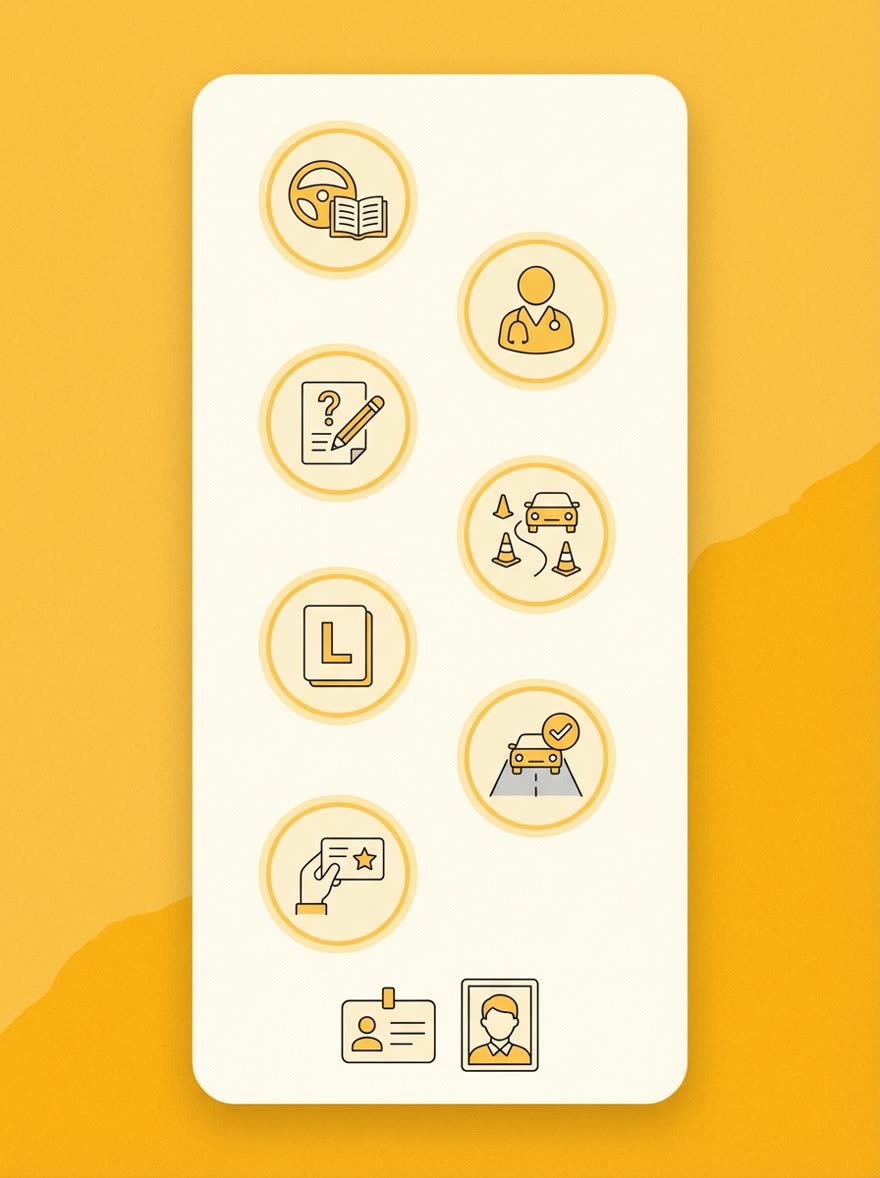 운전면허 취득 순서와 준비물을 아이콘으로 정리한 체크리스트 이미지