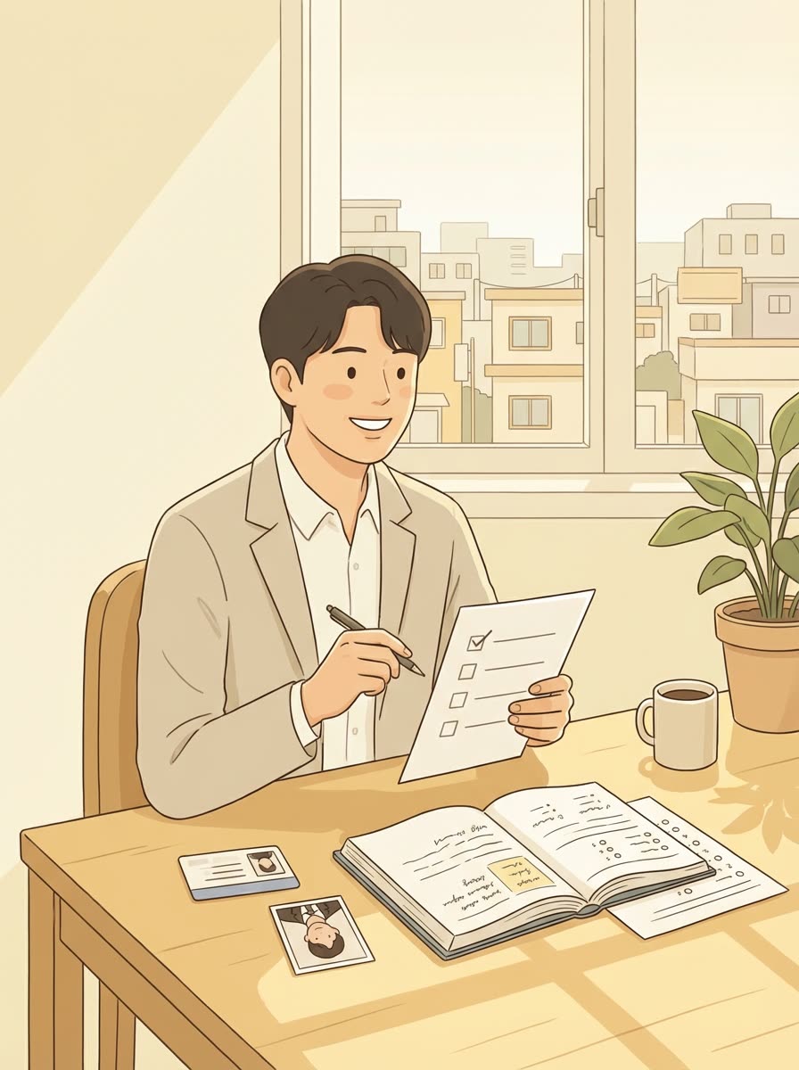 운전면허를 처음 준비하는 사람이 체크리스트와 신분증, 사진을 책상 위에 놓고 준비하는 장면