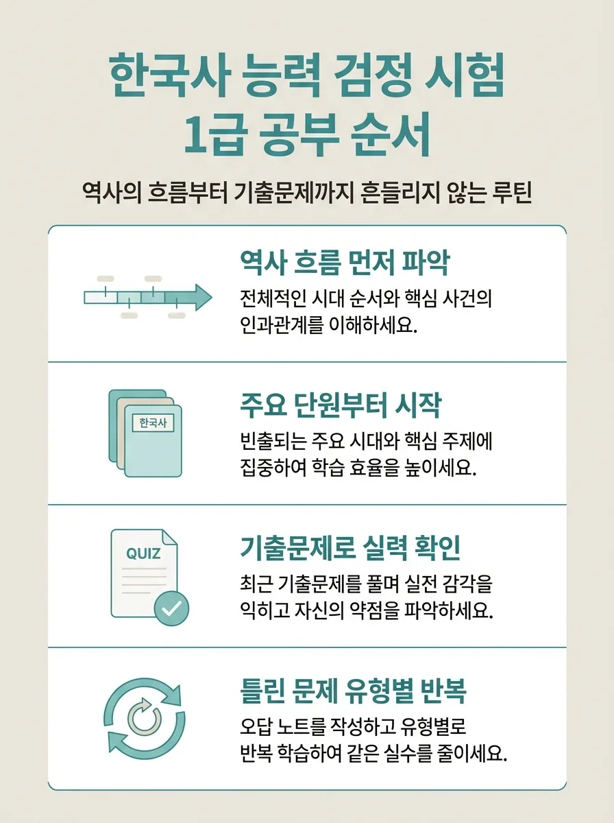 한능검 1급 공부 순서를 시대 흐름, 단원, 기출, 오답 반복 4단계로 정리한 인포그래픽