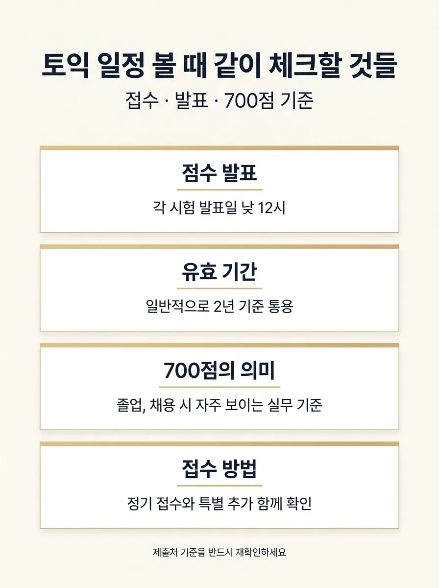 토익 일정과 함께 확인해야 할 발표 시간, 유효기간, 700점 기준을 정리한 인포그래픽