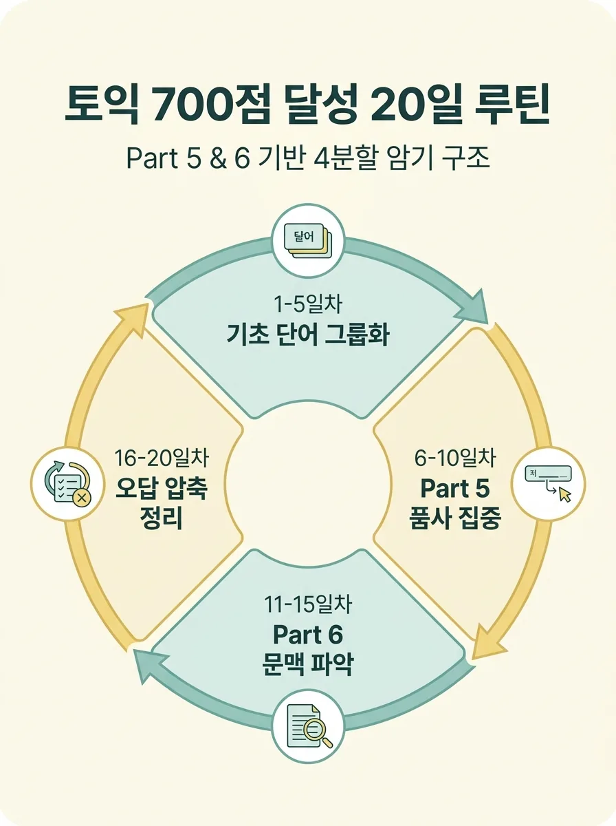 토익 700점 단어 공부를 20일 4구간 루틴으로 정리한 인포그래픽