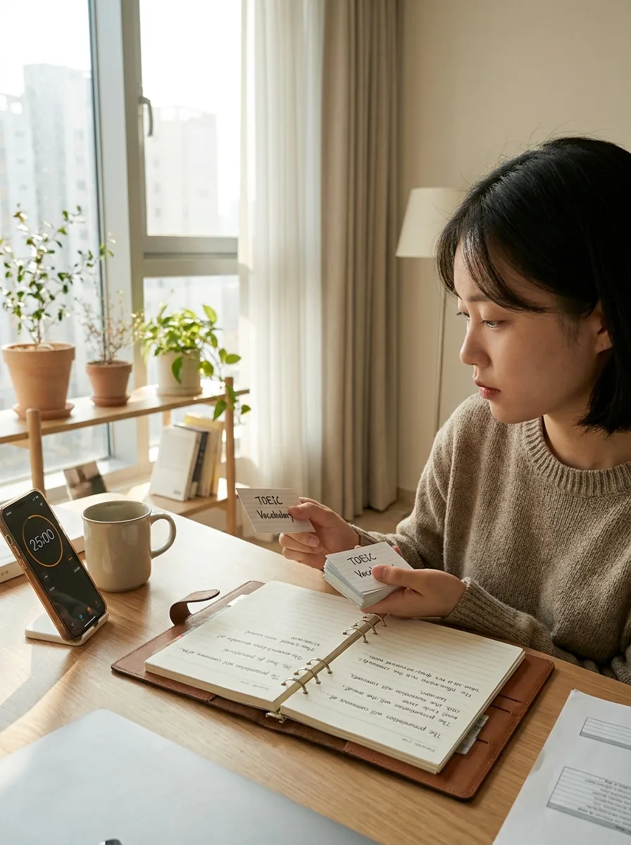 토익 단어 카드를 보며 짧은 예문으로 복습하는 학습자
