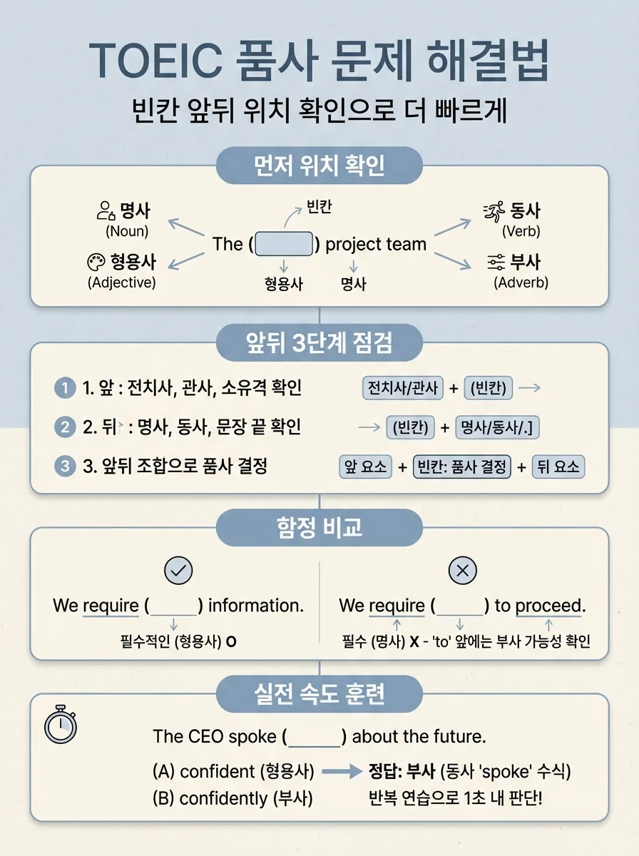 토익 품사 문제 해결 순서를 위치 확인과 앞뒤 문맥 점검 기준으로 정리한 인포그래픽