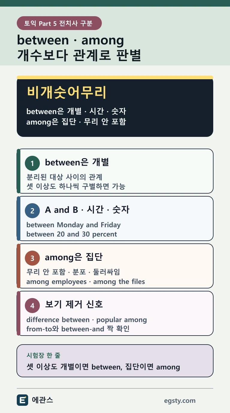 토익 between과 among을 개별 대상과 집단, A and B, 시간과 숫자 범위, 셋 이상 가능 조건으로 구분하는 인포그래픽