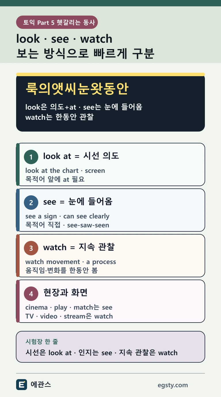 토익 look see watch를 시선 의도, 자연스러운 인지, 관찰 시간과 목적어 앞 at으로 구분하는 인포그래픽