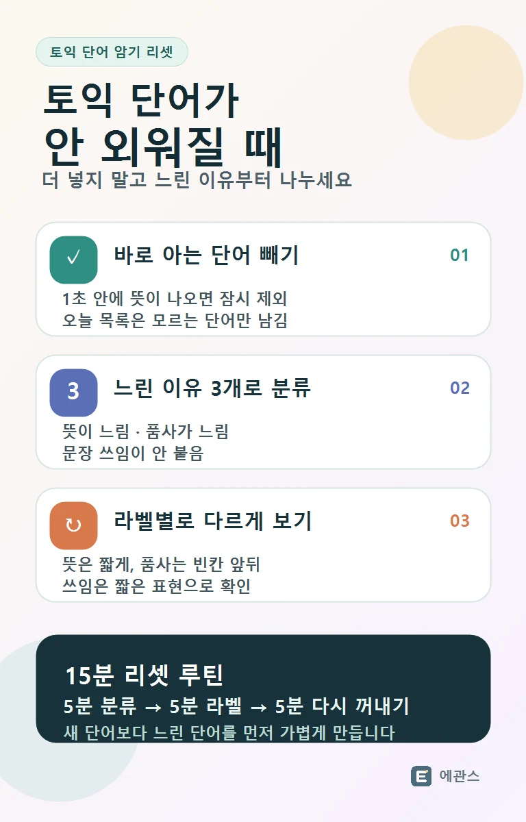 토익 단어가 안 외워질 때 뜻, 품사, 문장 쓰임 기준으로 느린 단어만 남기는 15분 리셋 루틴 인포그래픽
